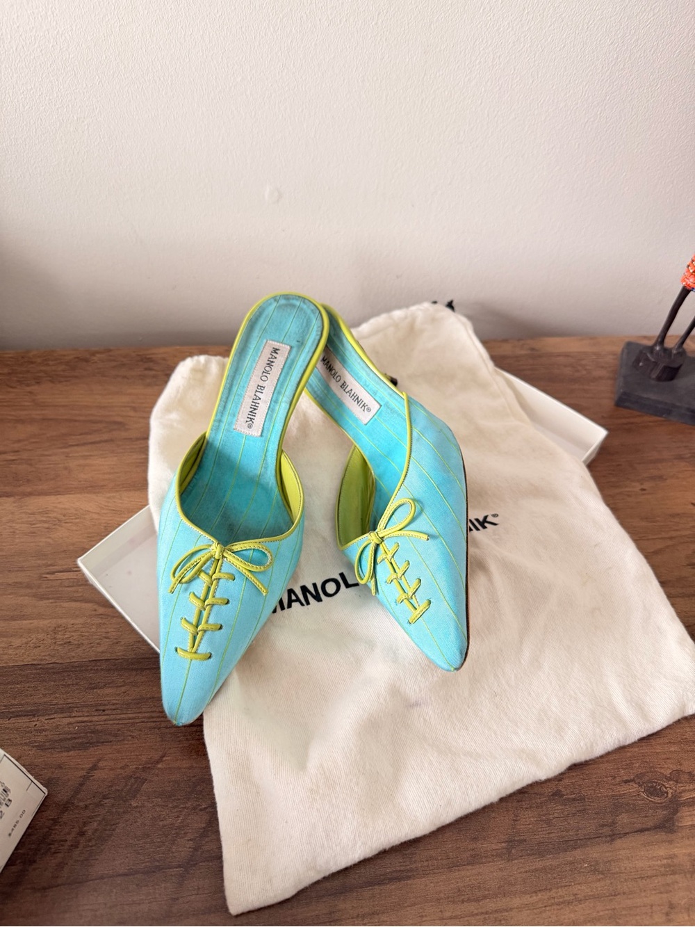Manolo Blahnik Turquoise with Lime Trim Pointed Slip-On Mules - Picture 4 of 6